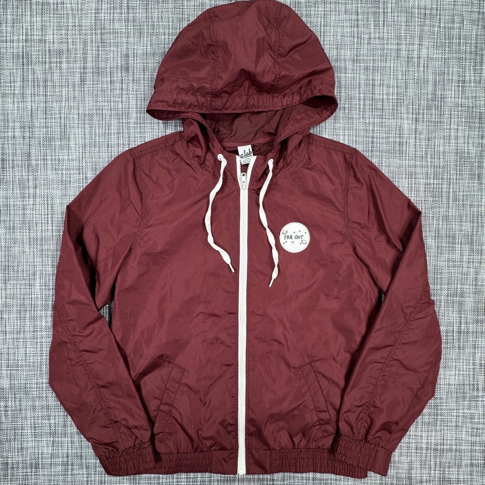 A Lab Kenlie Far Out Windbreaker Womens Large Burgundy Hooded Zip UFO Jacket
